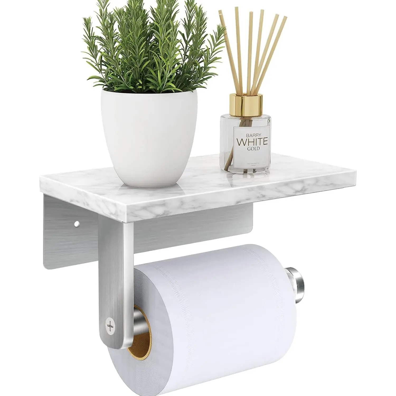 Brushed Nickel Toilet Paper Holder with Natural Marble Shelf, Screw Wall Mounted, Tissue Roll Holder for Bathroom Washroom