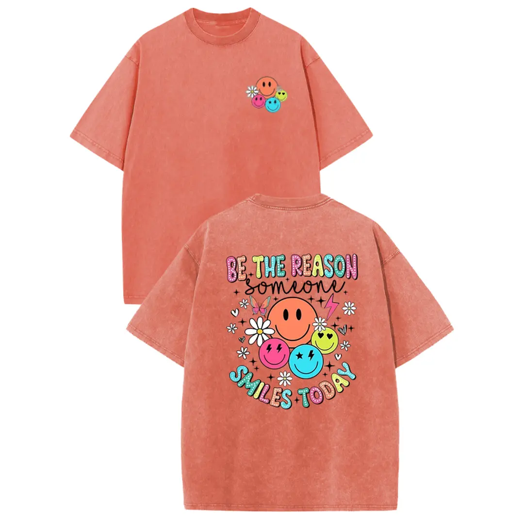 Sunland Women's Acid Wash Vintage Crewneck Oversized Shortleeve T-Shirt - "Be The Reason Someone Smiles Today" Colorful Smiley Face Graphic, Heavyweight Cotton, Round Neck, Casual Colorful Illustrated Women's Top, Shortsleeve, T Shirts For Women
