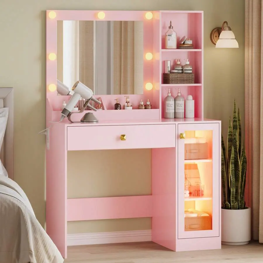 Vanity Desk With Mirror And Lights, Dressing Table With Charging Station, Makeup Vanity Desk With Lights 3 Bedroom