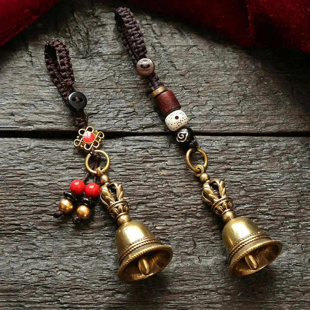 Brass Bell Keychain Handmade Vintage with Braided Rope for Women Men Aesthetic Car Key Ring Bag Pendant