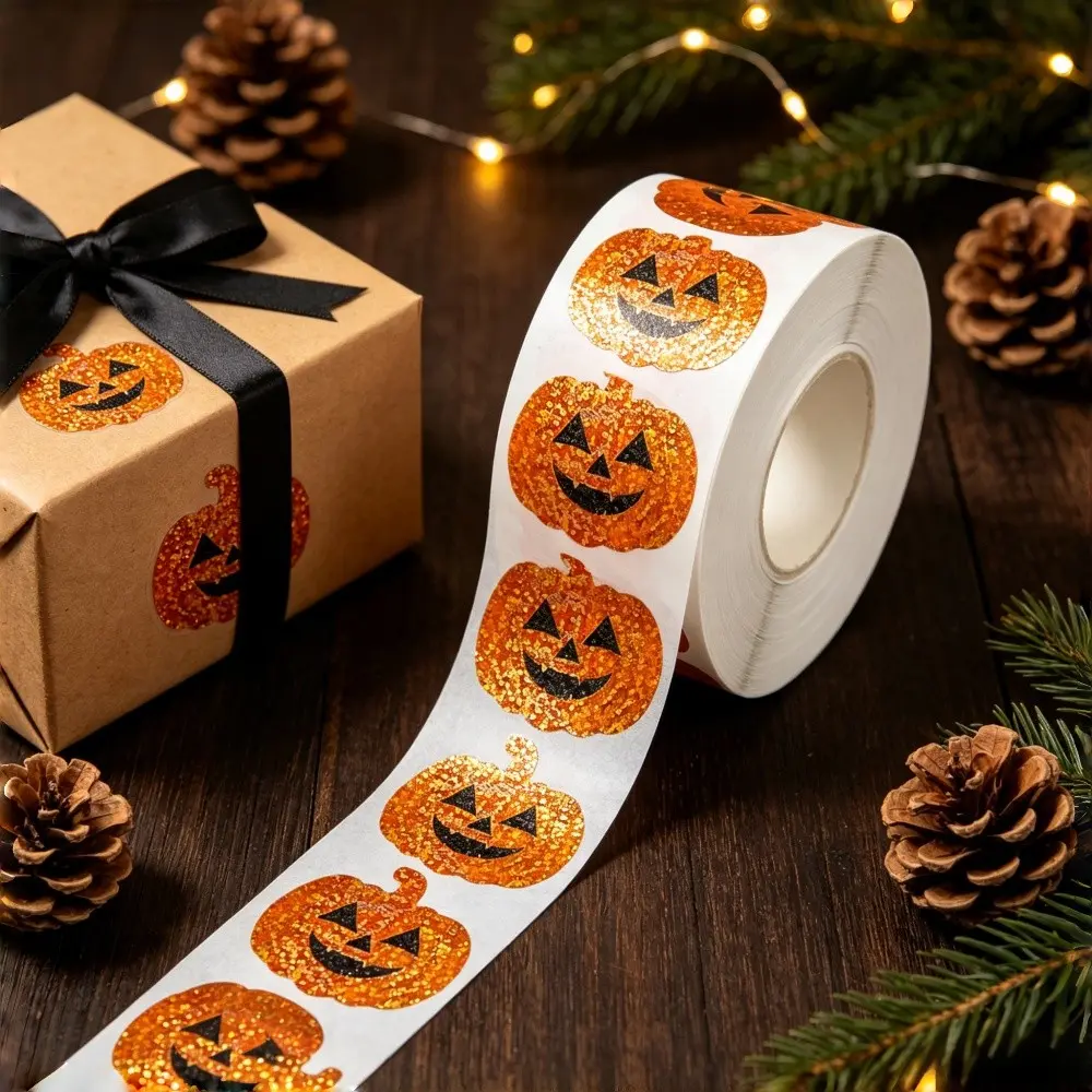 500Pcs Glitter Holographic Pumpkin Sticker Roll – Sparkly Self-Adhesive Seal Labels for Halloween Gifts, Envelopes, Journals, Scrapbooking & DIY Decor