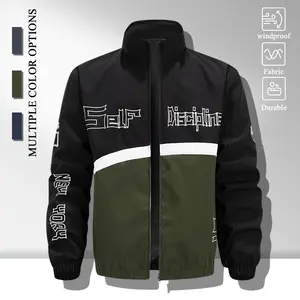 Men Stand Collar Full Zip Casual Jacket, Windproof Lightweight Shell Outer Jacket with Color Block Panel & Gothic Letter Graphic Print, Rib Elastic Cuffs & Hem Side Storage Pockets Loose Fit Outerwear for Daily Walking Driving Sports Street Outfit