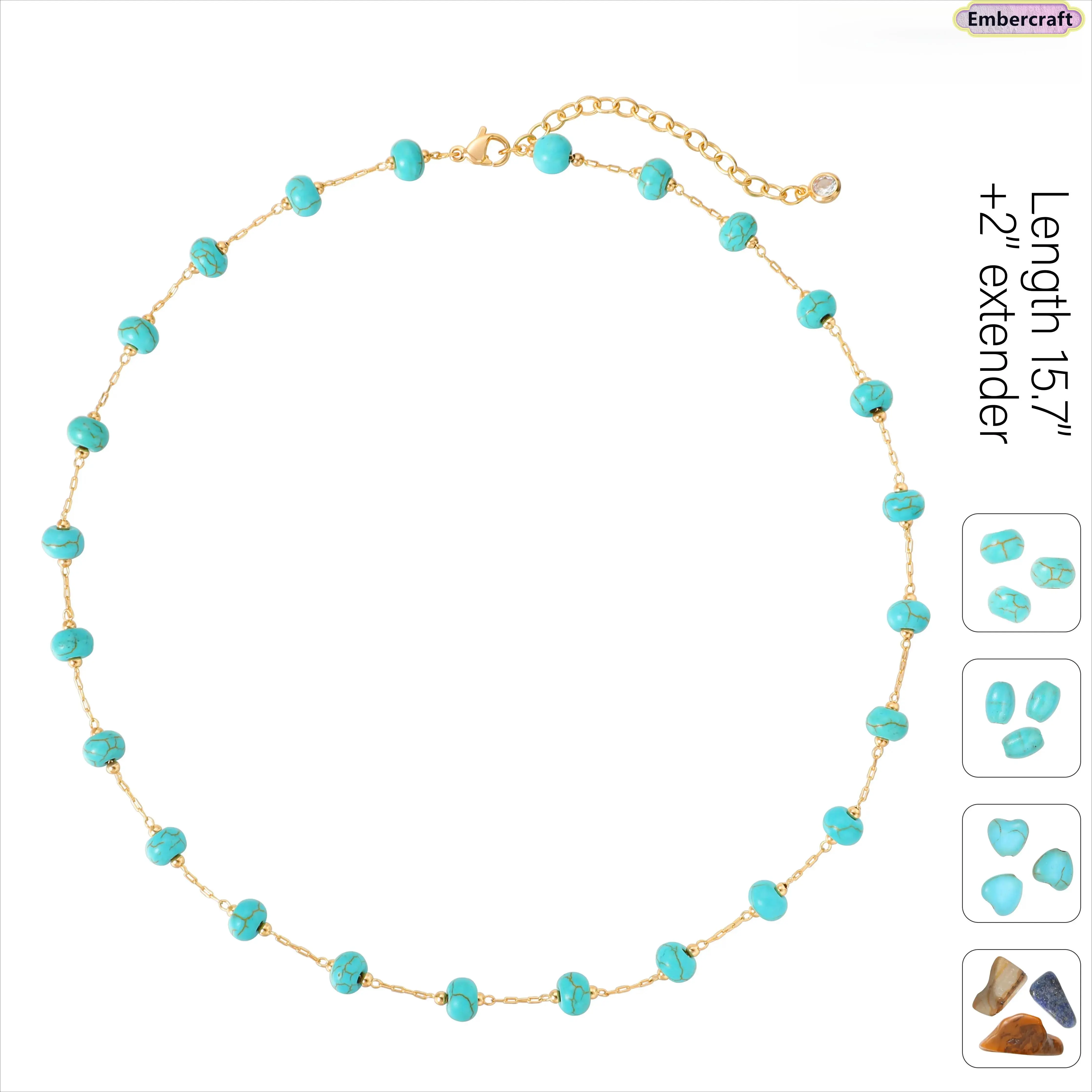 Women's Turquoise Beaded Necklace - Handmade Gold-Plated Brass Gold Color Chain, Boho Western Layering Fashionable Jewelry Accessories, Female Adjustable Beaded Design Gift, Exquisite Jewelry Gift, Turquoise Jewelry