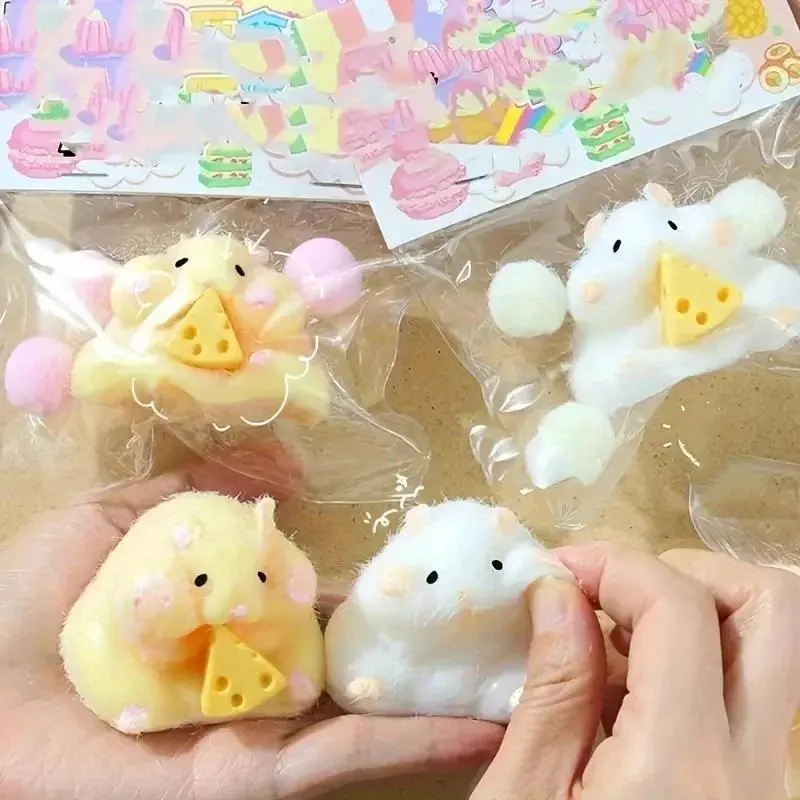 Squishy Hamster Toy with Cheese Cute Desktop Decor Funny Stress Relief Decompression Fidget Toys for Teens  Adults Gift ball glitter