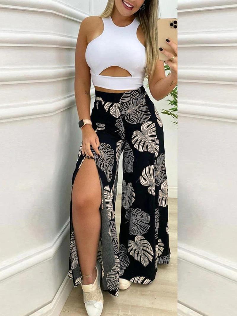 Women's Solid Crop Top & Leaf Print Wide Leg Pants Two-Piece Set, Elegant Fashion Casual Top & High Waist Trousers for Daily Outdoor Wear, Ladies Outfits for Summer