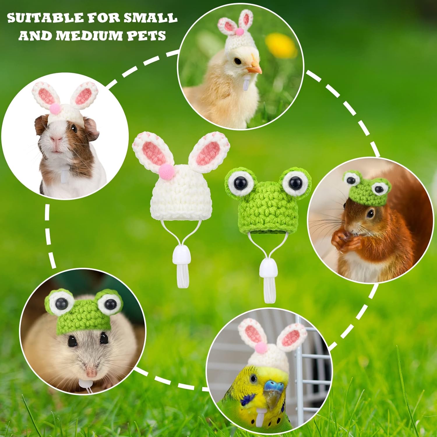 2pcs Polycotton Hats for Small Animals, Frog & Bunny Style, Hand Knitted Hat with Adjustable Strap, Pet Apparel for Hamsters, Dutch Pigs, Snakes, Photo Props