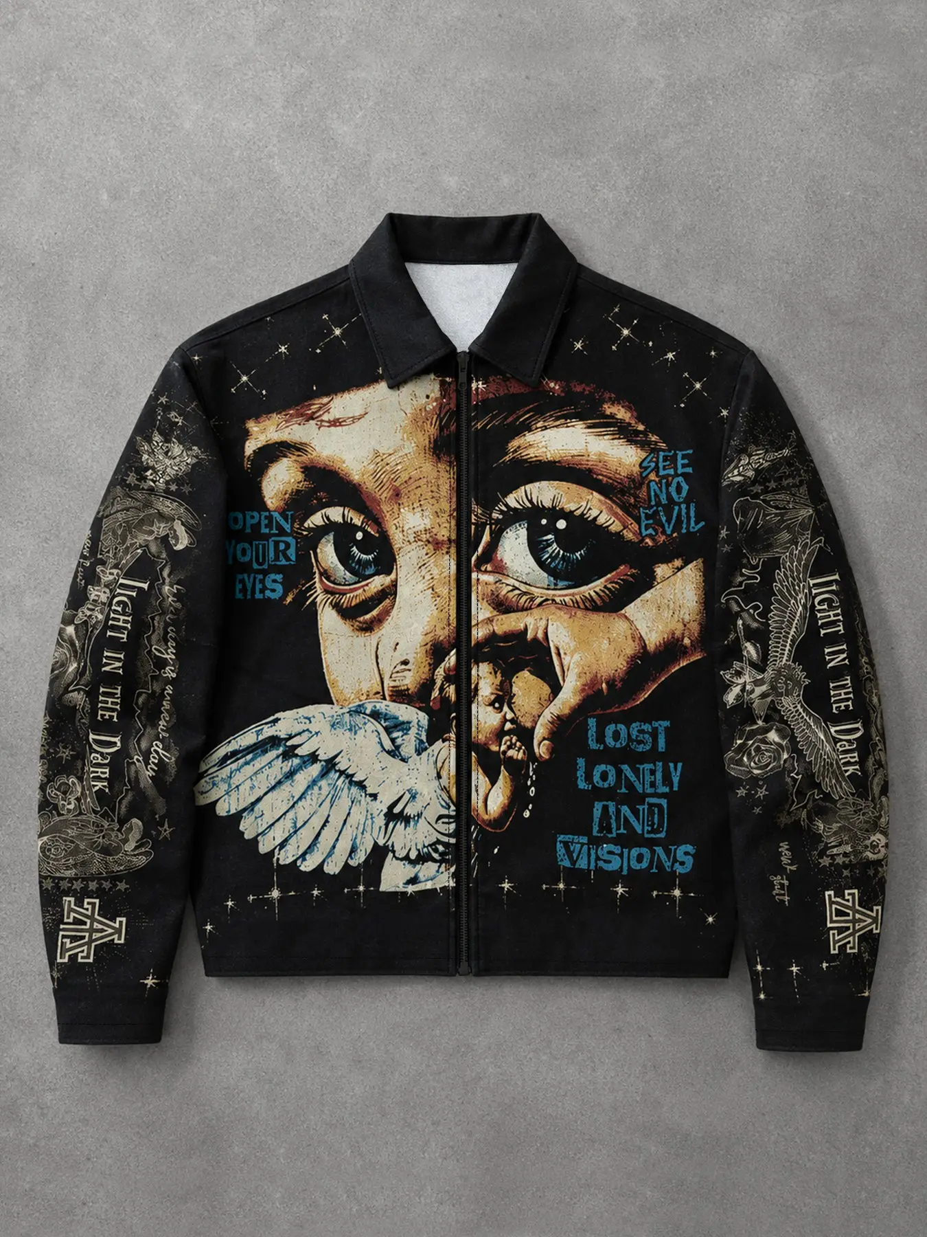 Men's Y2K Graphic Zip-Up Jacket, 'open Your Eyes' & 'see No Evil' Face Print, Dark Aesthetic Streetwear, Casual Fitted Sweatshirt, Gothic Streetwear Jacket