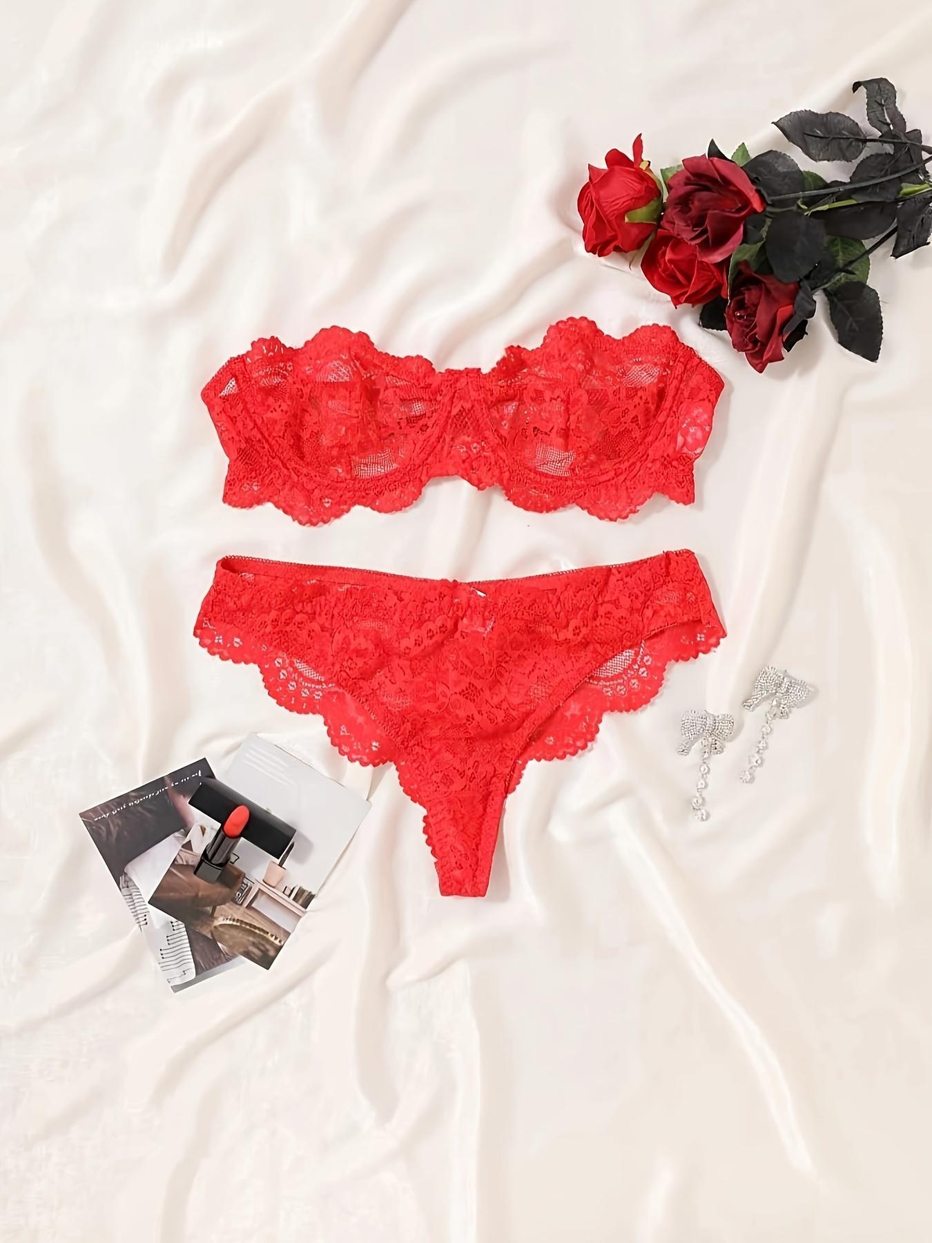 Women's Floral Lace Sexy Fitted Lingerie Two-piece Set, Romantic Underwire Bandeau Bra & Scallop Trim Thong, Comfortable Breathable Fabric Lingerie Set for Daily Wear, Women's Underwear Set for All Seasons, Emerald Green Option, Womenswear