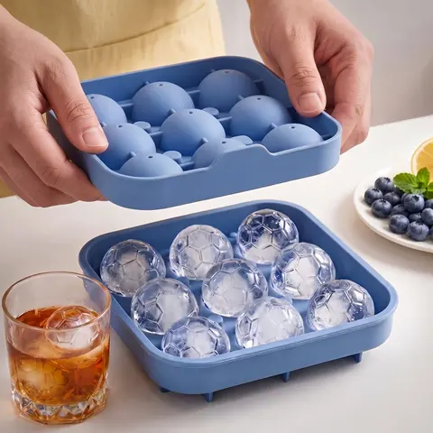 9-Hole Silicone Soccer Ball Cube of Ice Tray with Lid - Round Ice Ball Mold for Whiskey, Cocktails And Party Drinks - Easy-Release Flexible for Home Bars And Sports-Themed Parties