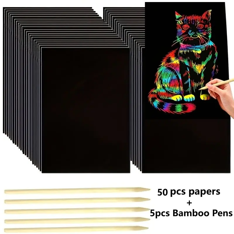50pcs 32K Magic Scratch Papers with Bamboo Pens, Rainbow Art Craft Paper Set, Excellent Gift for Birthdays, Holidays, Halloween And Christmas