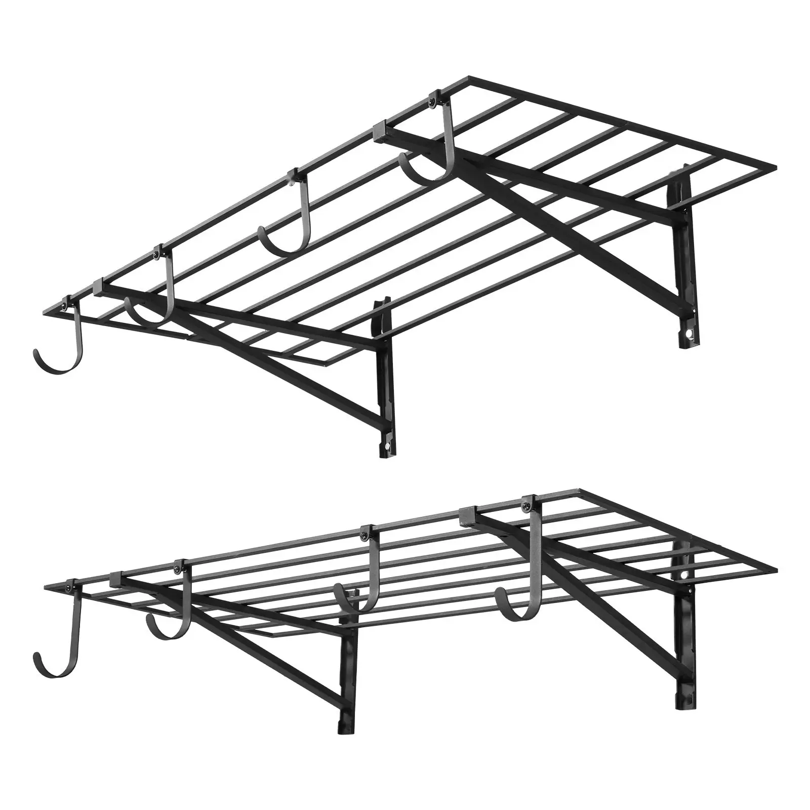 Heavy-Duty 2-Tier Wall-Mounted Garage Shelving Kit, 2x4ft Steel Set with Hooks, 24x48in Floating Storage Rack, 520lbs Total Capacity, Black for Hanging Installation Needs