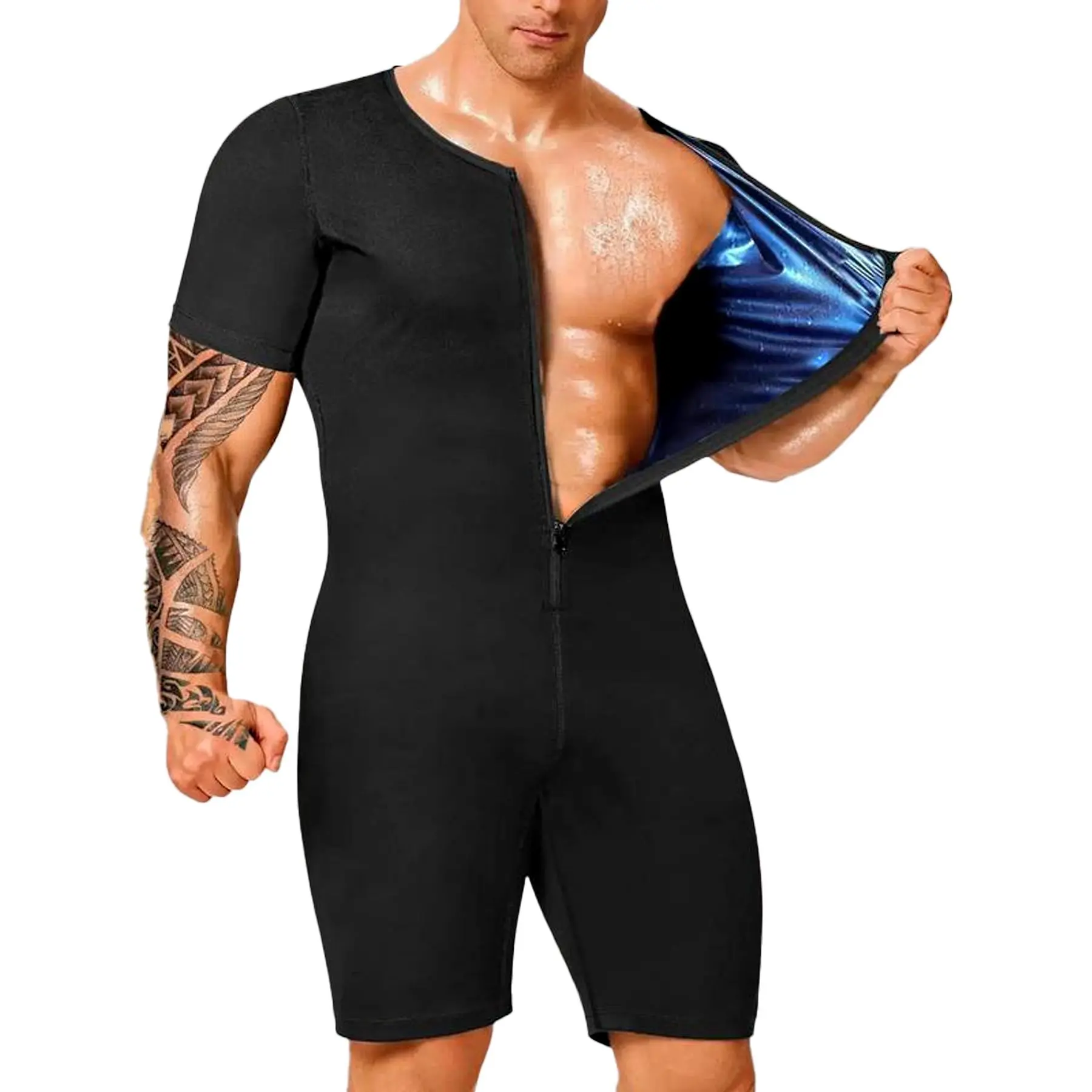 Men'S Sweat Suit Shaping Body Suit Tummy Control Athletic Top Round Neck Short Sleeve Compression Shirt Fitness Bodysuit, Gym