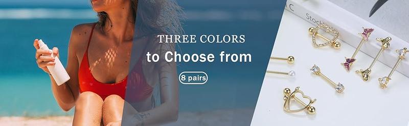 ZELORES  8 Pairs 14G Nipple Rings for Women Stainless Steel CZ Striaght Barbell Tongue Ring Nipple ring Set Butterfly Devil Heart Nipple Piercing Jewelry 16mm 5/8Inch