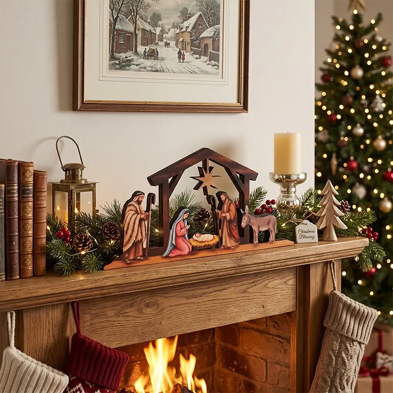 Vintage Wooden Christmas Decoration Ornament, Nativity Manger Tabletop Craft, Suitable for Home Living Room Fireplace Display, Adding a Touch of Warm Holiday Atmosphere to the Home, Christmas Holiday Gift.