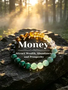 Money Themed Attract Wealth Abundance Prosperity Bracelet, Full Gradient Earth-Tone Multi Crystal Set including Golden Tiger Eye, Citrine, Clear Quartz, Banded Malachite Polished Round Beads, Forest Dawn Inspired Financial Manifestation Ener