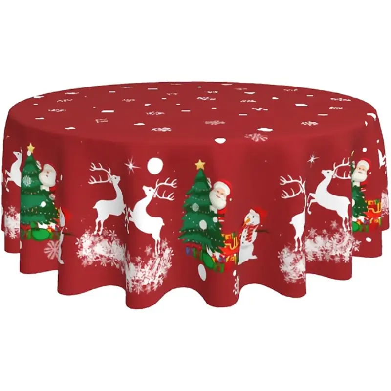 2D Flat Party Tablecloth 1pc, Polyester Round Christmas Tablecloth, Snowman Santa Tree Snowflake Decor, Indoor Party Patio Kitchen
