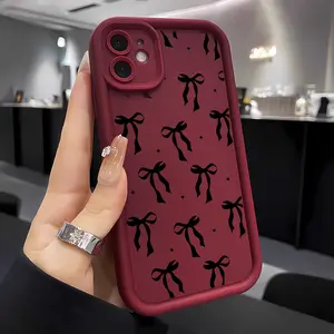 Phone Case - 1pc Black Little Star Small Bow Cute Easy Bowknot Fresh Girl Sweetheart, Frosted Burgundy Lens Frame Step Design Full Coverage Anti-Drop Soft Case, Suitable for /Galaxy/Oppo/Vivo/Honor/Realme Phone Case Cover