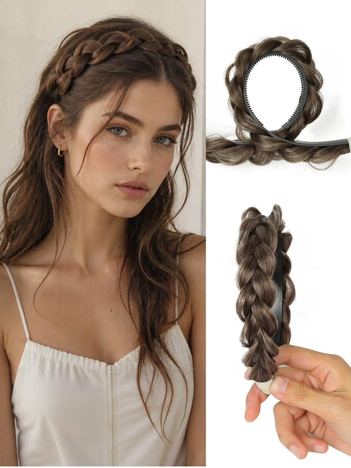 14-inch women's wide braid messy hairband in coffee brown, Braided headband, two-strand braid weave wig headband with non-slip tooth comb design, high durability, easy to wear, suitable for parties, holidays, and other occasions