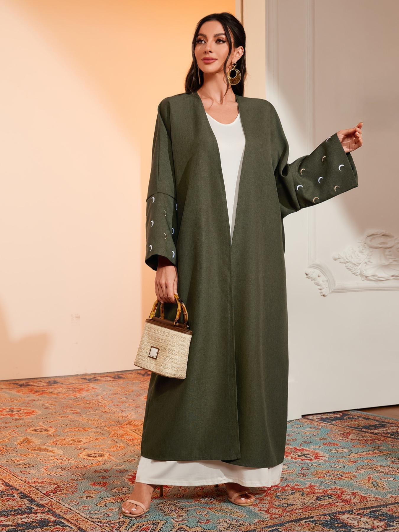 Arabic Clothing- Women's Moon Embroidery Abaya without Hijabs, Summer Outfits 2024, Modest Casual Long Sleeve Open Front Muslim Abaya, Islamic Clothing