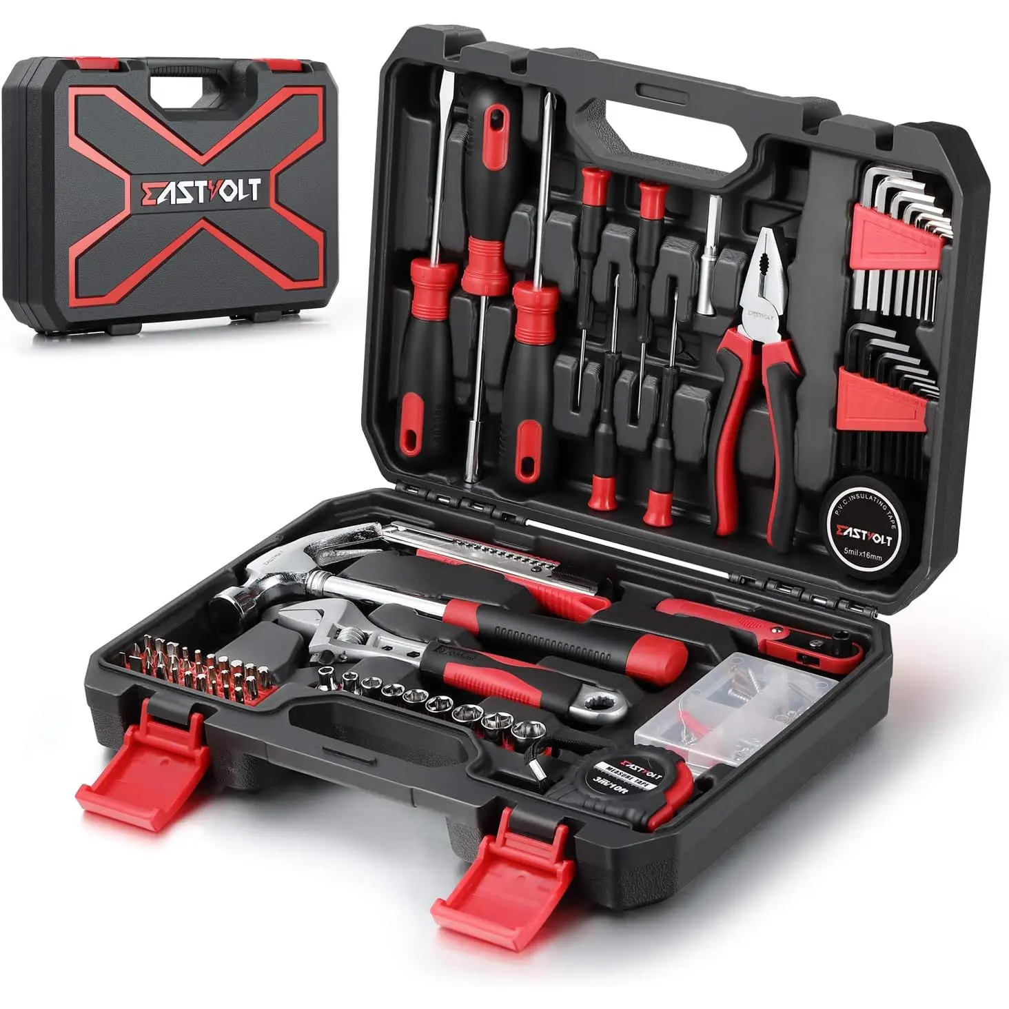 128-Piece Home Repair Tool Set, Tool Sets for Homeowners, General Household Hand Tool Set with Storage Toolbox, EVHT12801, Black + Red (ASK01)