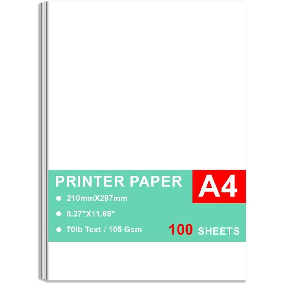 Printer Paper - 100 Sheets, A4  Bright White Paper, 28lb Bond / 70lb Text (105 gsm) Bright White Paper –  for Copy, Printing, Writing, 8.27" x 11.69" (210 x 297 mm)