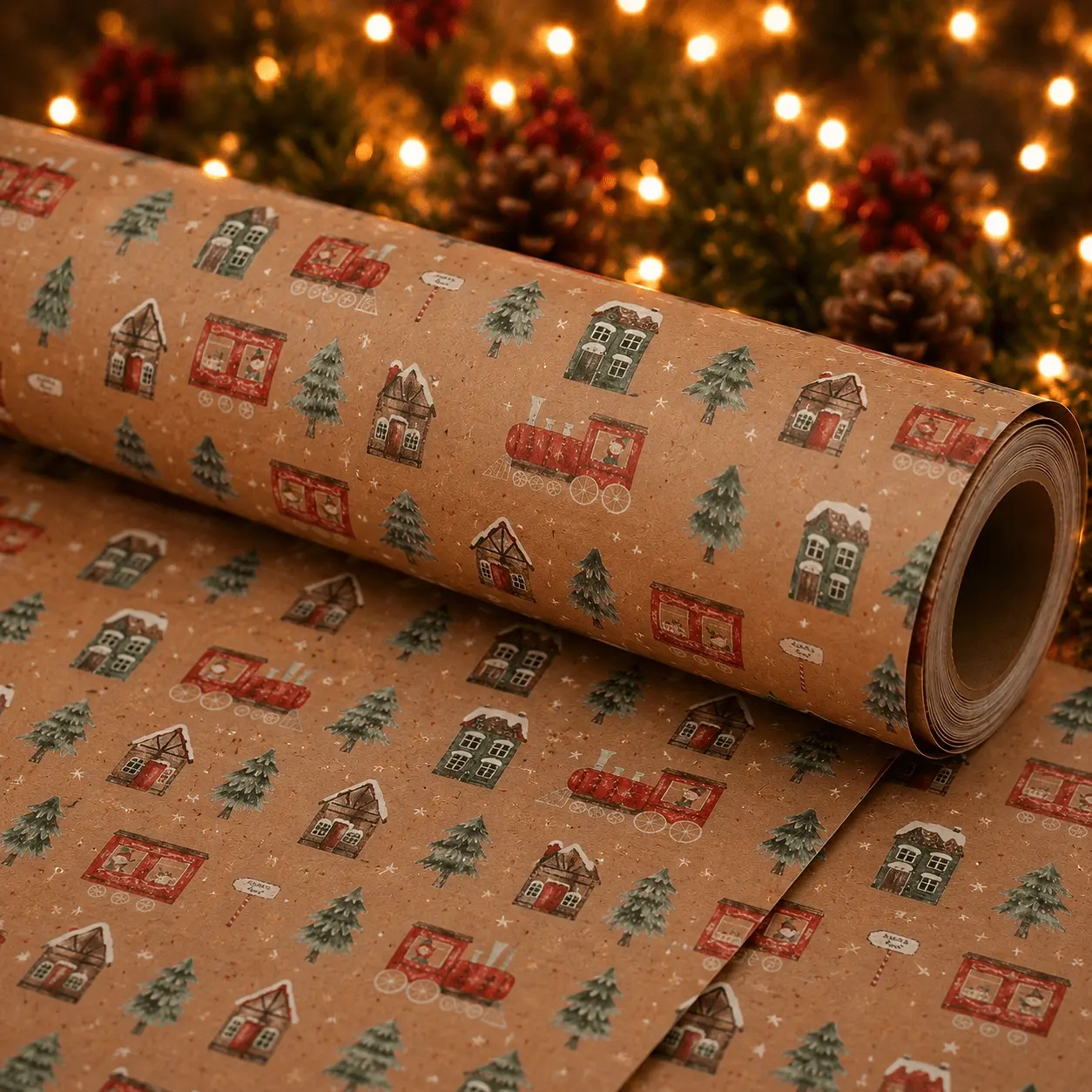 1 Roll Christmas Wrapping Paper, European-style Christmas Village with Vintage Steam Train, Brown Wrapping Paper, Suitable for Christmas Gift Wrapping, Winter Gifts, Handmade Gift Wrapping, Christmas Presents,Party Decorations DIY Crafts, Gift for Him/her