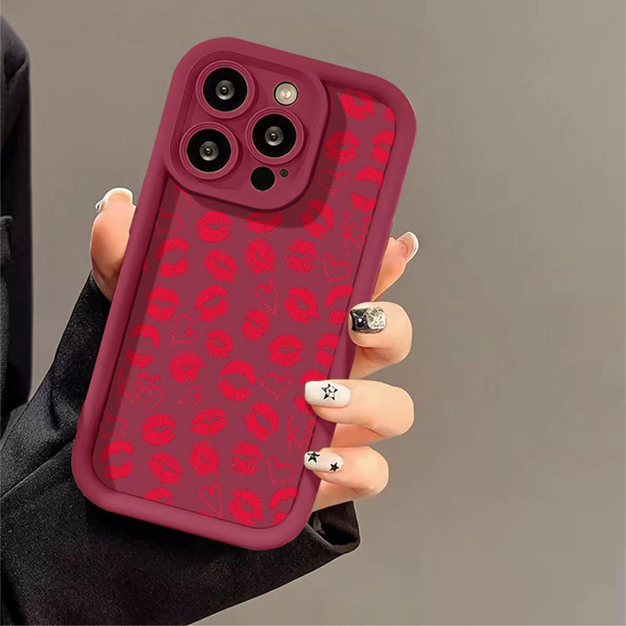 Phone Case: 1pc Red Lip Print Heart Kiss Phone Case Suitable for Apple iPhone 17 E Air Pro ProMax iPhone16 15 14 Plus 13 12 Mini 11 X XS XR Antidrop Shock Proof All Inclusive Lens Protection Girlish Style Cute Can