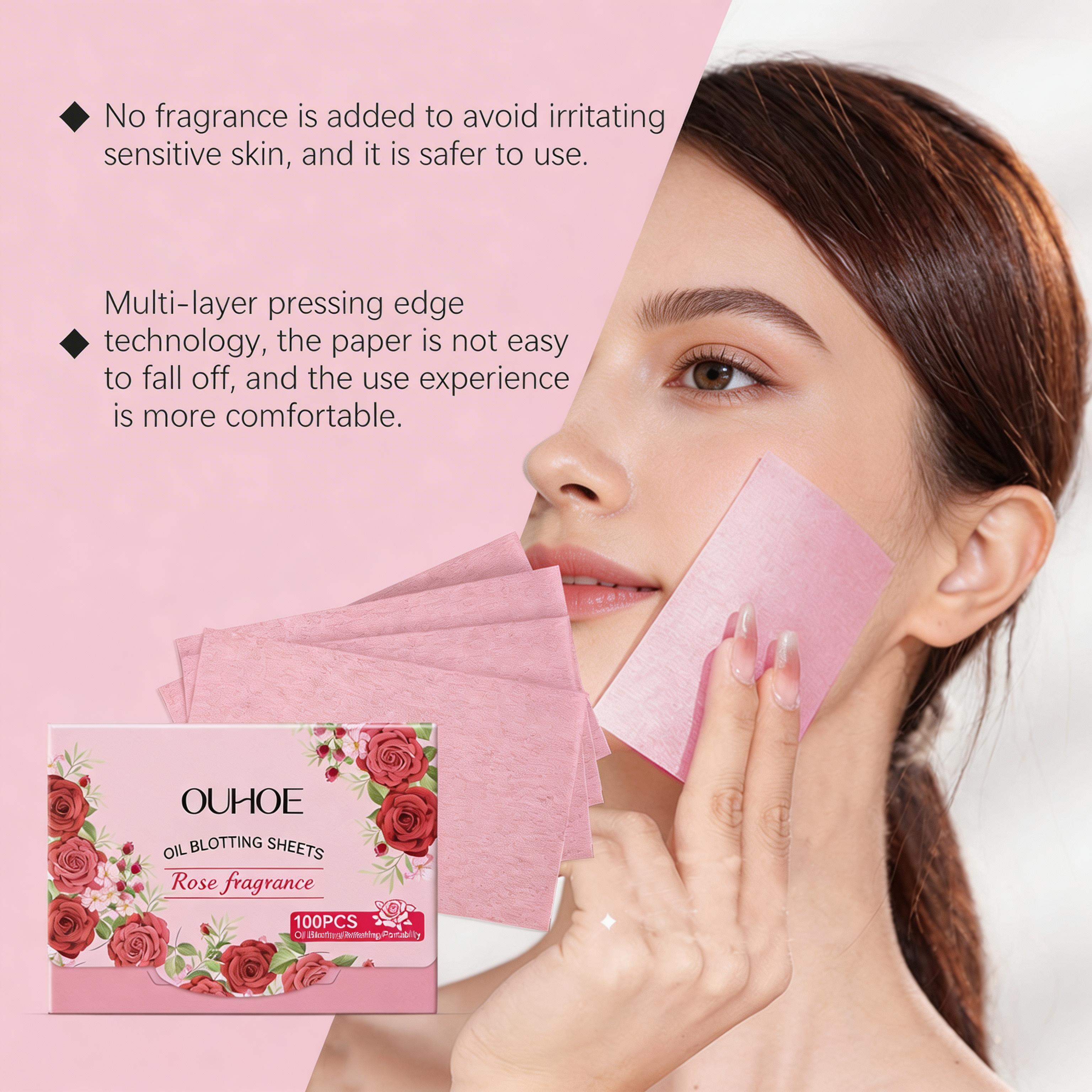 OUHOE Oil Blotting Sheets (Rose), Cellulose & Kaolin Dual Oil Control, Rose Flower Extract Beauty Care + Vitamin E Antioxidant, Brightens Skin, Makeup-Friendly No Powder Removal, Soft for Oily Skin