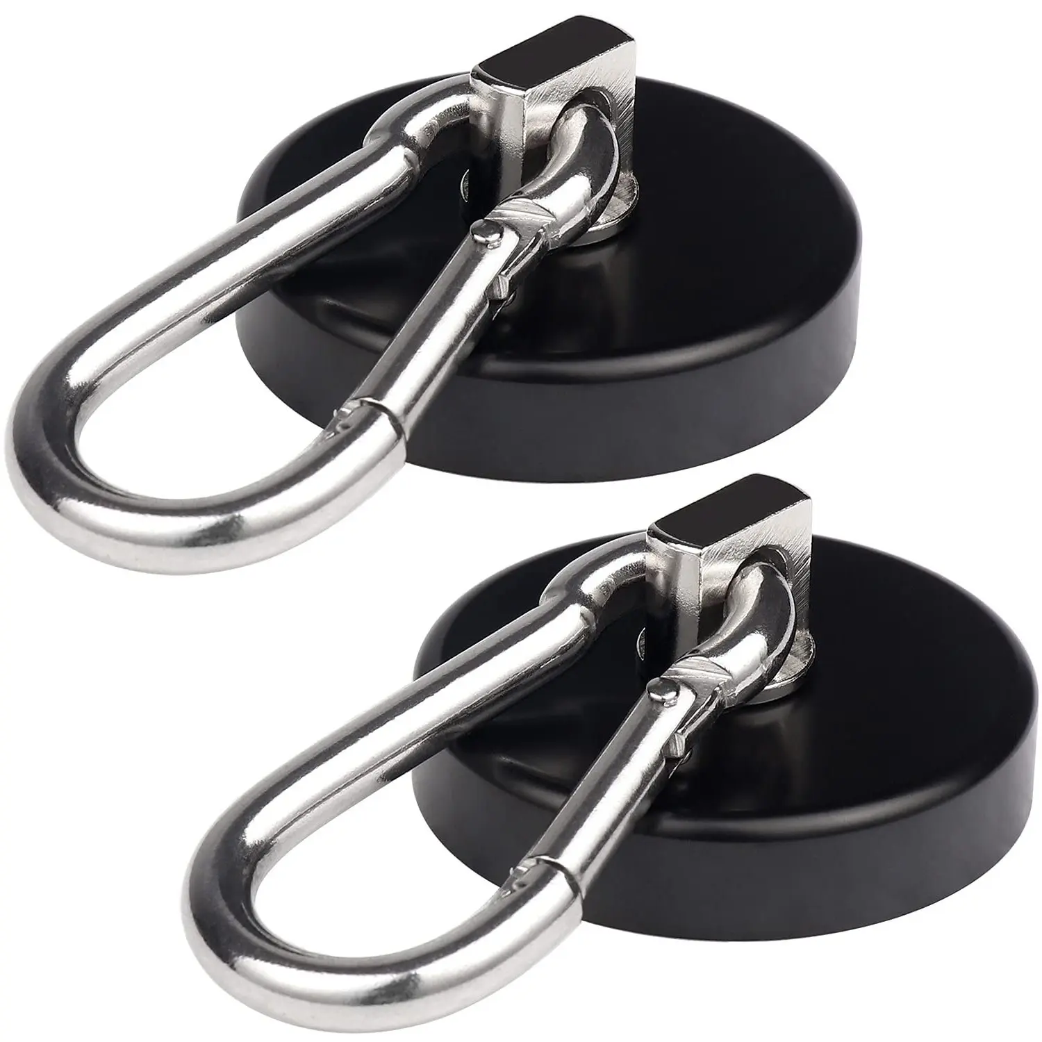 Heavy Duty Magnetic Hooks 170lbs with Swiveling Carabiner for Refrigerator Hanging, Strong Neodymium Magnet, Black (2-Pack)