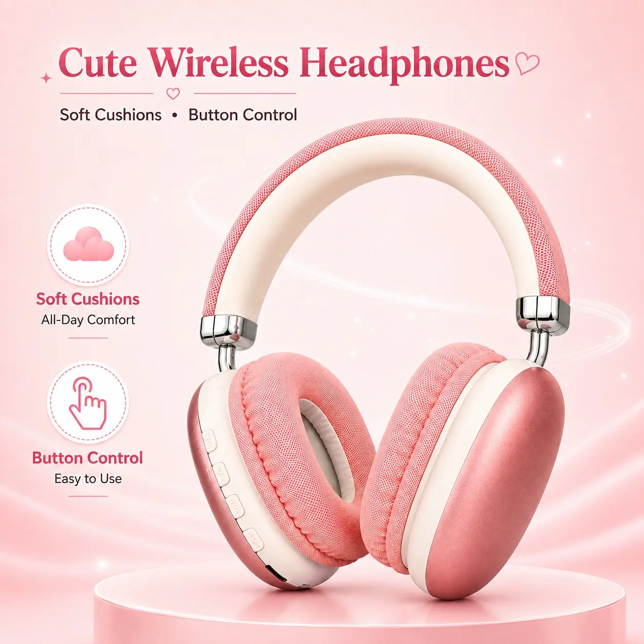 Cute Pink Bluetooth Headphones for Women, Wireless Over-Ear Headset with Soft Cushions, Button Control & Adjustable Headband, Comfortable Stereo Headphones for Music, Study, Travel & Everyday Use