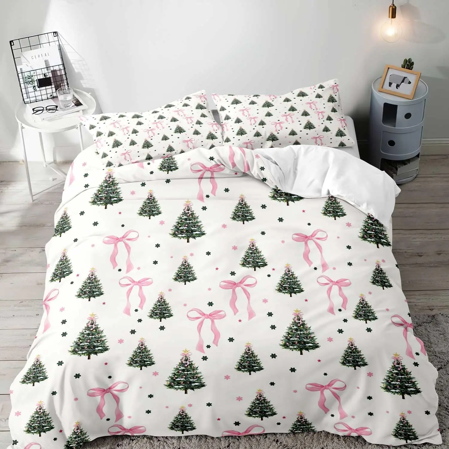 3PCS Pink Bow Christmas Tree Duvet Cover Queen Bedding Sets, White Duvet Cover, Teen Girls Bedding, Winter Holiday Christmas Comforter Cover, Coquette Room Decor Aesthetic, 2 Pillow Shams