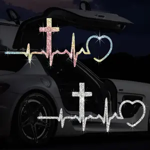 Bling Rhinestone Cross Heart Car Sticker 1-Piece Glitter Christian Faith Lifeline Decal Waterproof Religious Crucifix Auto Exterior Window Bumper Decor Gift