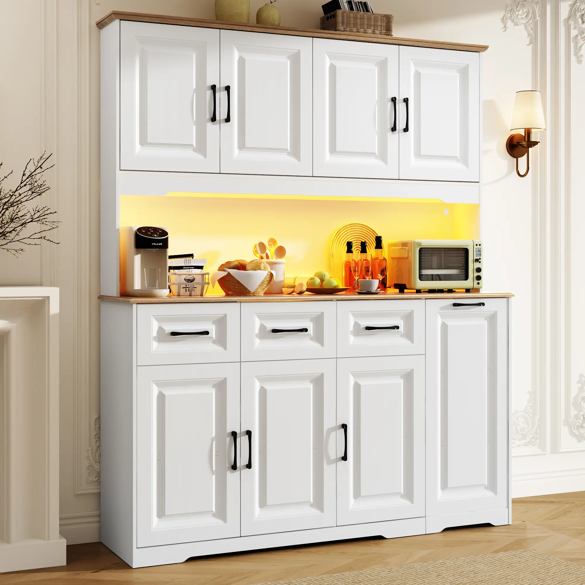 Freestanding Rectangular Kitchen Pantry Cabinet (47/60in Wide, 60x72in Option), 72in Tall Storage Cabinet with Drawers, Adjustable Shelves, Microwave Station, LED Lights & Charging Station for Modern Home Decor