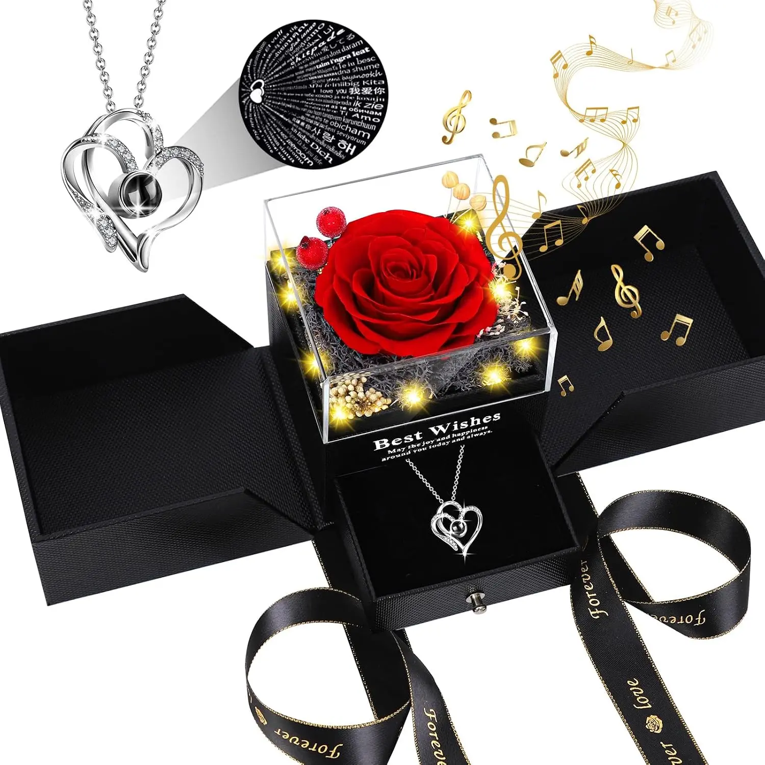 Day Mom Birthday Gifts for Women, Preserved Real Rose with I Love You Heart 100-Language Necklace, LED Lights &  Box, Anniversary for Women Girlfriend Mom