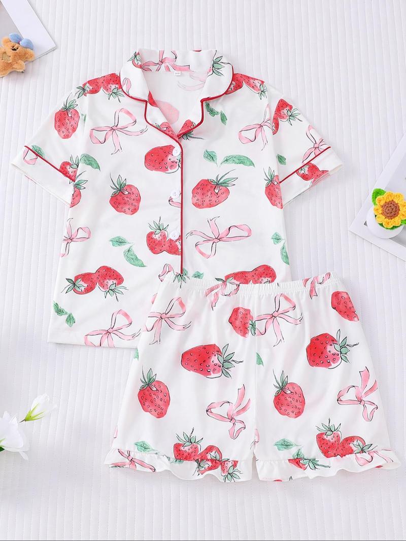 Girl's Bow Print Top & Shorts Pyjama Sets, Cute Casual Comfy Short Sleeve Top & Shorts Set, Kids Sleepwear for Summer, Pajama Set