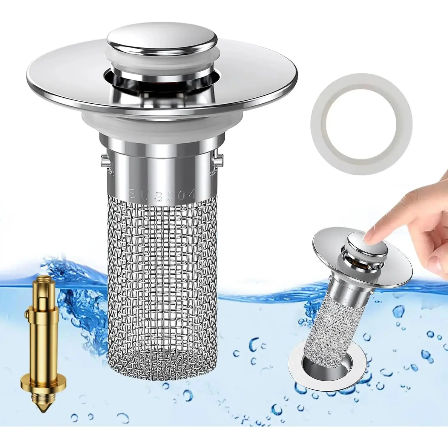 Bathroom Sink Drain Strainer, Pop Up Sink Drain Filter with Removable Stainless Steel Filter Basket Hair Catcher, Bathroom Sink Drain Stopper, for Us Bathroom Sink Stopper Replacement