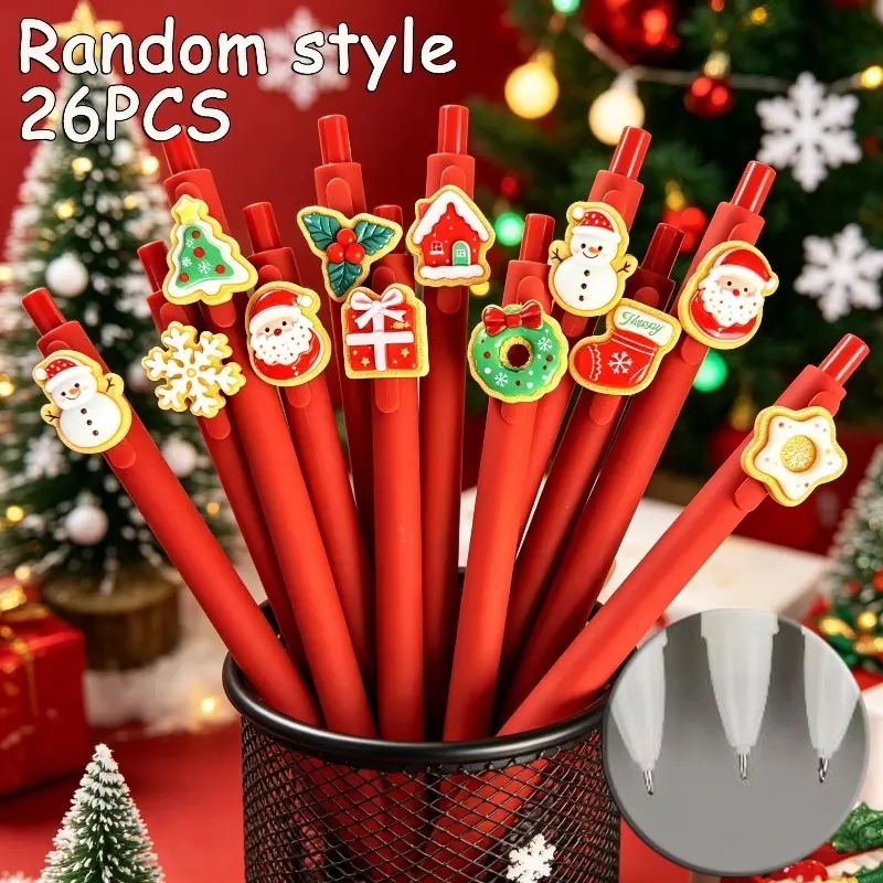 26Pcs Christmas Retractable Ballpoint Pens, Random Assorted Pack, Matte Red Barrel with Santa, Snowman, Snowflake, Gift & Donut Cookie Ornaments, Stationery for Office & Xmas Holiday Gift Fillers