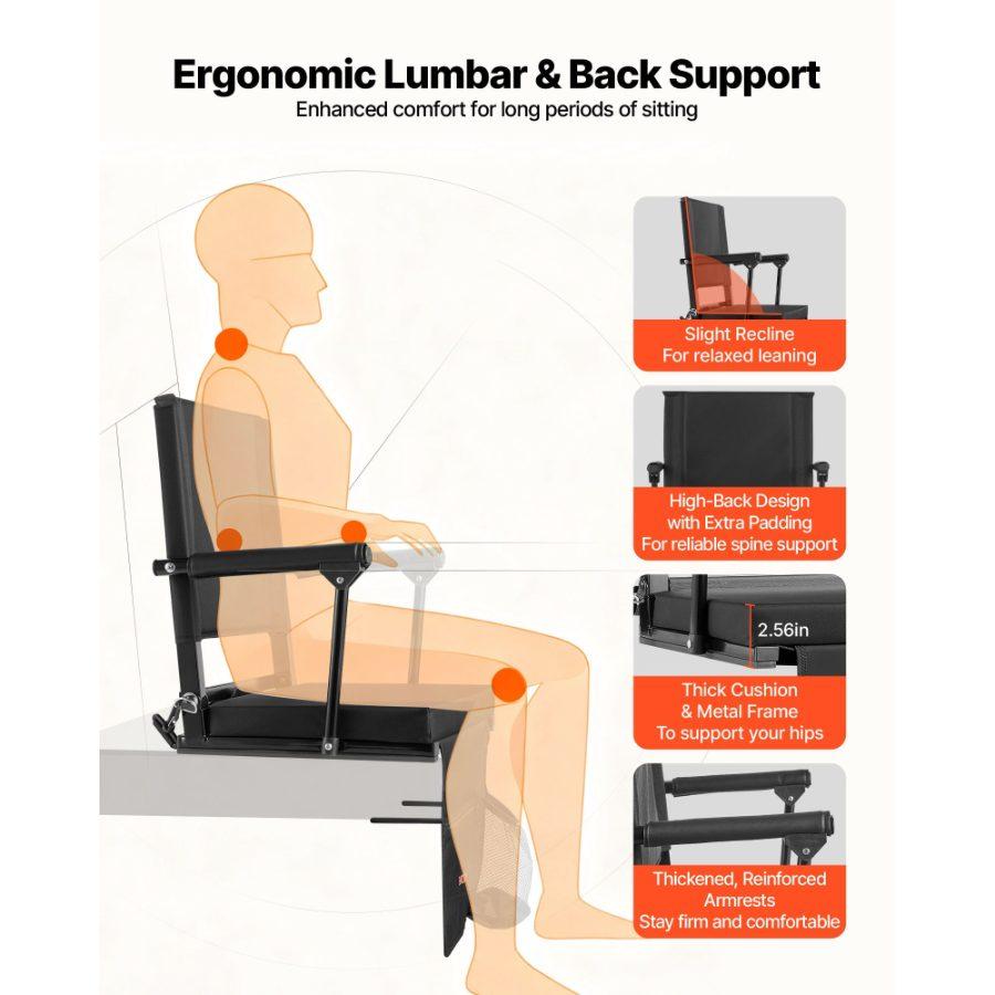 VEVOR Stadium Seat, Folding Bleacher Seat with Back Support and Thick Cushion, Padded Stadium Seats for Bleacher Includes Shoulder Strap, Hooks, Cup Holder, and Side Pocket, Black Bleachers Chair