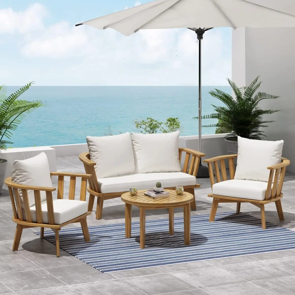 Christopher Knight Home® 4-Piece Acacia Wood Modern Patio Furniture Set, Outdoor Deep Seating with 2 Club Chairs, Circular Solid-Frame Coffee Table, Curved Legs, Soft Cushions, Teak Finish, White, Slat Design, Assembly Required for Backyard Garden