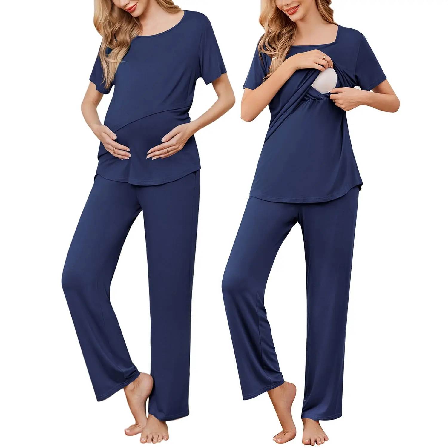 Women's Nursing Pajamas Maternity Pajama Postpartum PJS Breastfeeding Short Sleeve Top & Pants Sets with Pockets