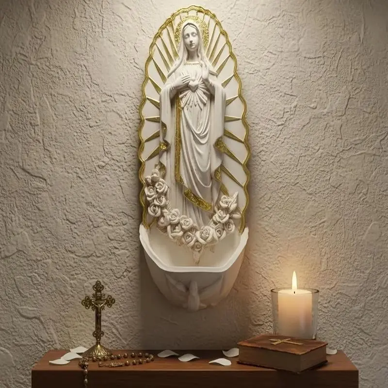 Wall Mount Resin Holy Water Font with Rosary Holder, Religious Wall Art Decor for Church & Home