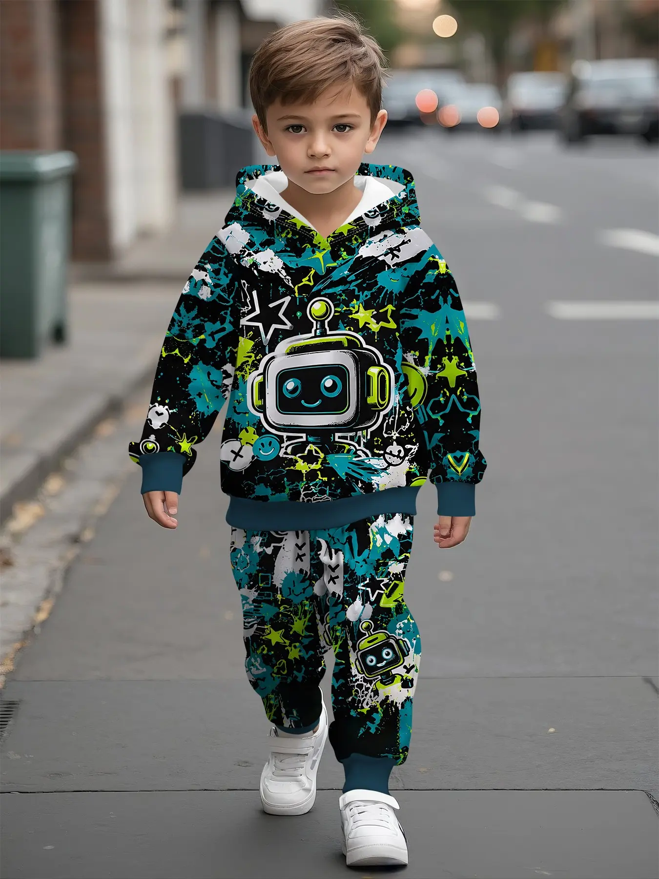 Hooded sweatshirt set for baby boys featuring cartoon robots with splashed cyan ink design on a black base, a casual and comfortable outfit suitable for daily wear and outings, a trendy and versatile gift for boys