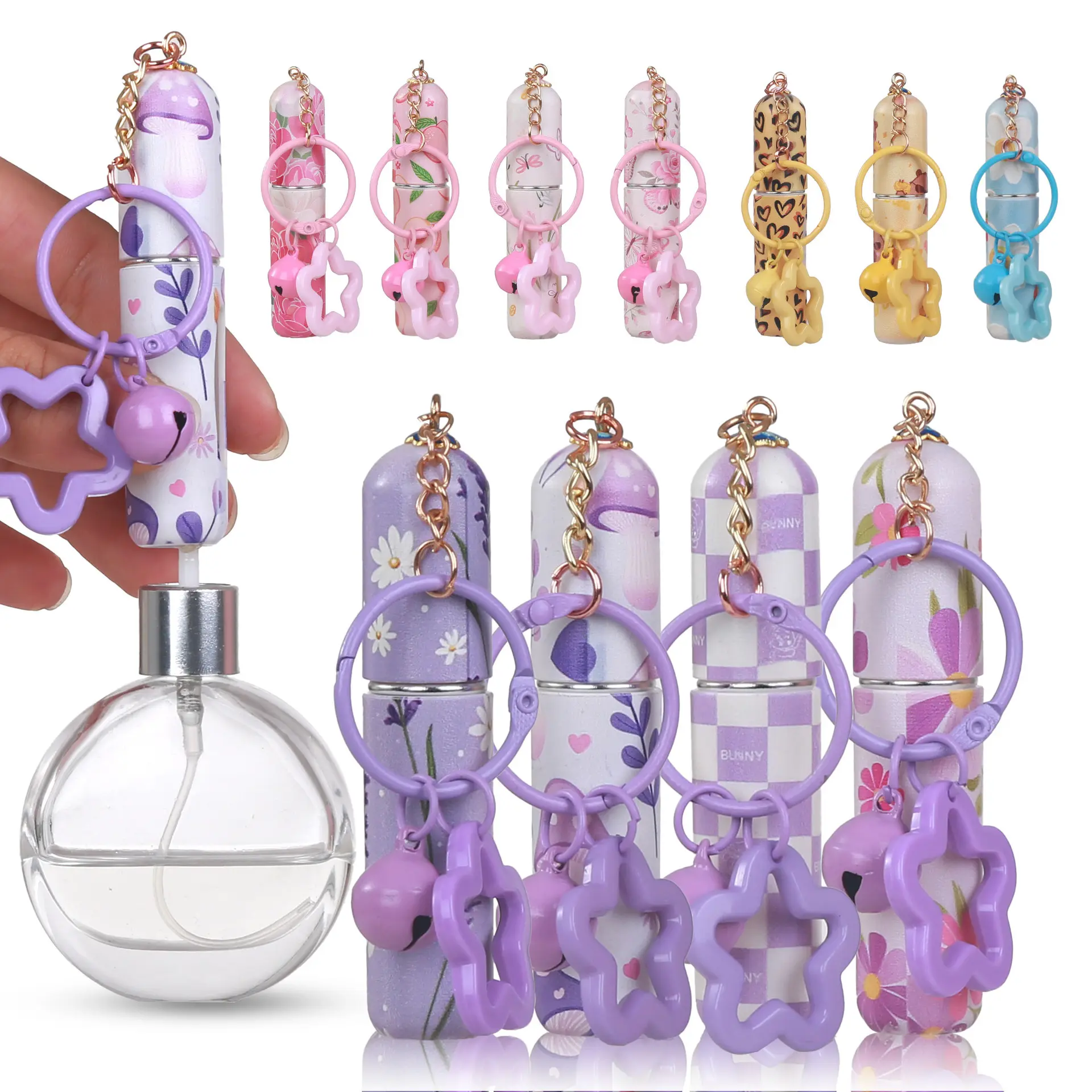 Refillable Spray Containers with Cute Floral Print, Portable Cosmetic Empty Spray Bottles for Travel Perfume with Keychain (Pink, Purple), Perfume Spray