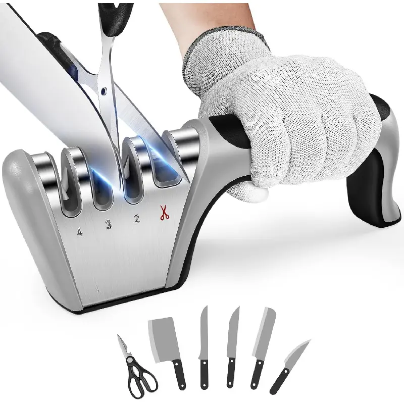 5-in-1 Knife Sharpener 4 Stage with Cut-Resistant Glove, Quickly Sharpens & Restores Dull Blades, Easy & Safe for Home Kitchen Use, Fits Most Knives and Scissors, Black+Silver