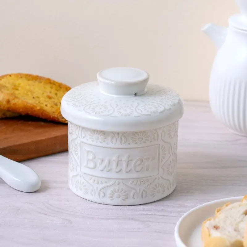 Ceramic Butter Storage Jar, French Relief Covered Butter Box, Sealed Butter Preservation Bowl, Western-Style Butter Container for Home Use