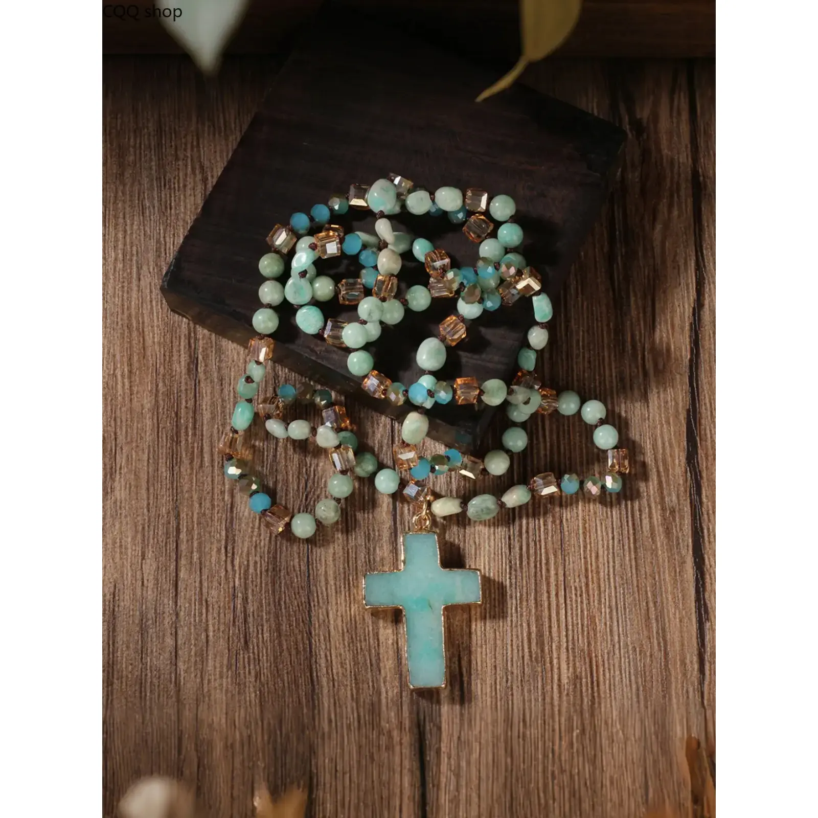 Natural Crystal Tian Stone Cross Pendant Long Chain Sweater Necklace - Faith Symbol, Energy Purifying, Self-Acceptance Enhancing Healing Spiritual Jewelry for Sports & Outdoor Tetherball Lawn Games
