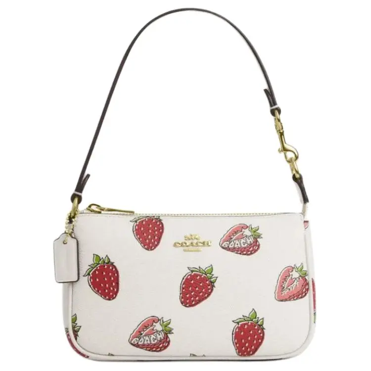 COACH Nolita 19 Strawberry Print Metallic Logo Faux Leather Handbag for Women, Small Size, Chalk White with Multicolor Accents