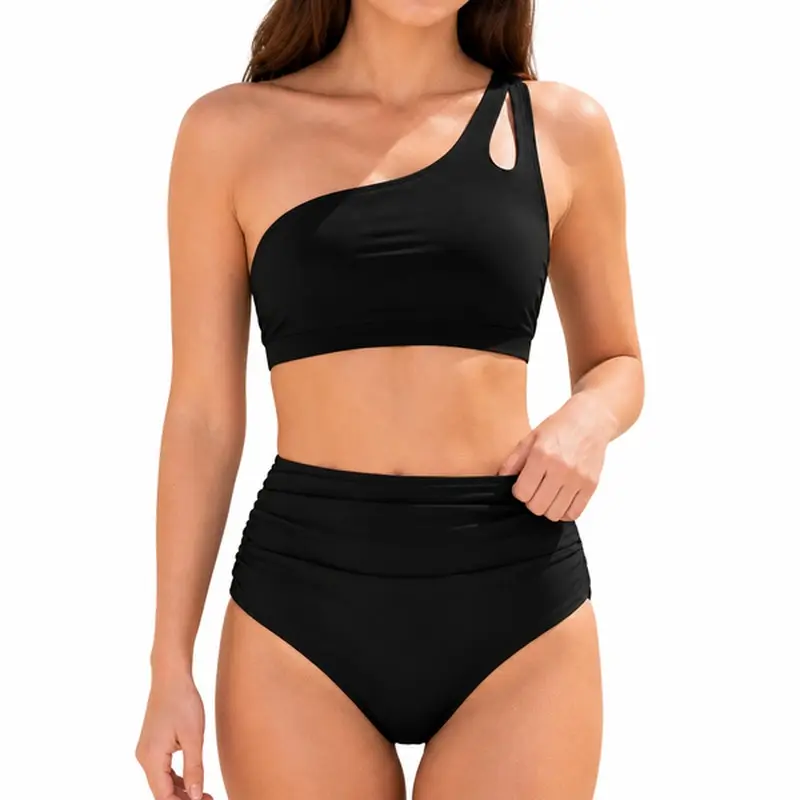 High Waist Two Piece Bathing Suit for Women, One Shoulder Padded Cup Swimwear for Summer Resort Pool
