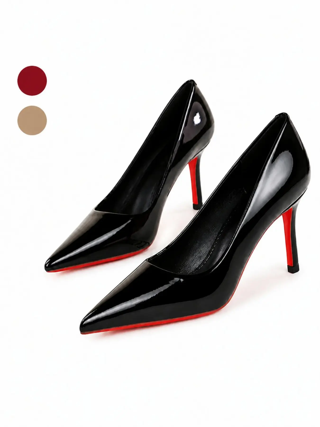 Women's black glossy patent‑leather pointed‑toe stiletto‑heel shoes with red soles, classic low‑cut sexy French‑style red‑sole stiletto‑heel fashion pumps for commuting. Suitable for dates, cocktail parties and photoshoots; match well with suit sets, dres