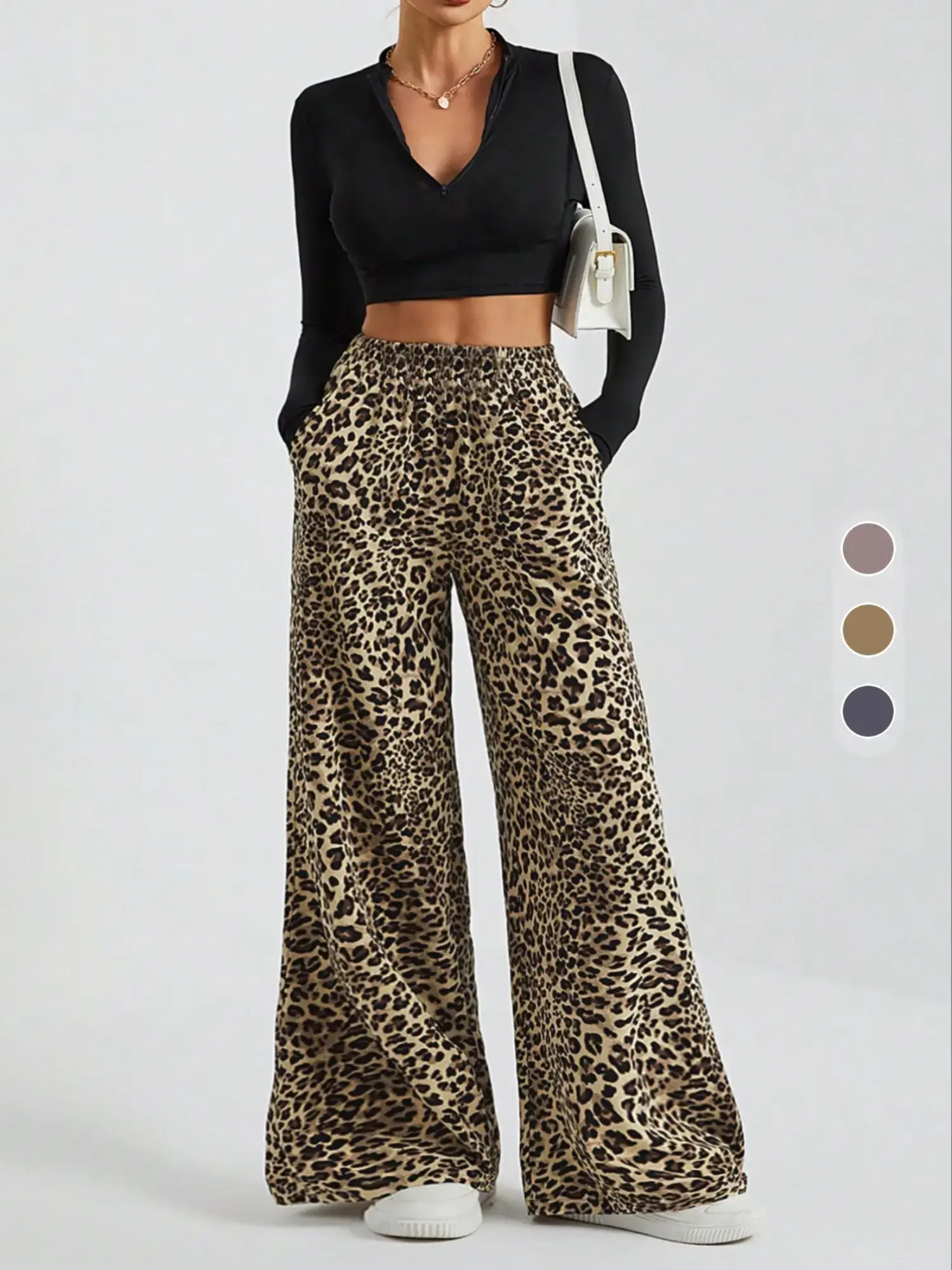 Women's Retro Leopard Print Wide Leg Pants, Loose-Fit High Waist Long Trousers, Casual Streetwear Trousers, Bohemian Bottoms, Boho Style Pants, All-Season Kint Fabric, Casual Fashion for Women, Leopard Pattern Pants